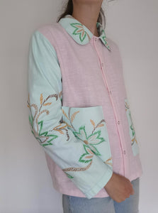 Patchwork skjorte - pastel rosa og turkis, str. M/L