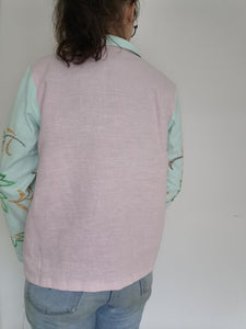 Patchwork skjorte - pastel rosa og turkis, str. M/L